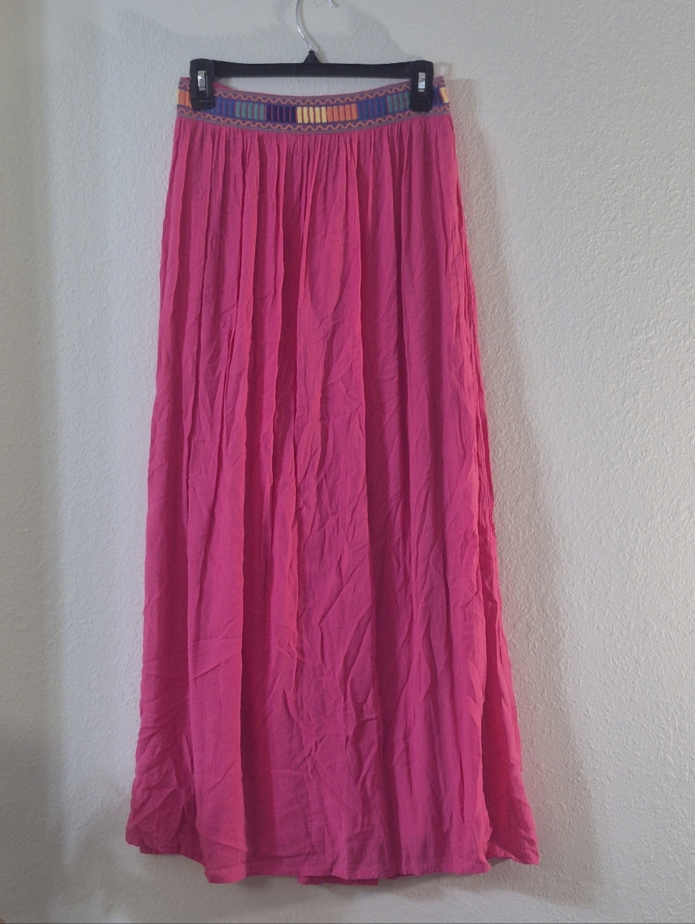 Fun & Flirt Bright Pink Maxi Skirt with Multicolor Embroidered Waistband